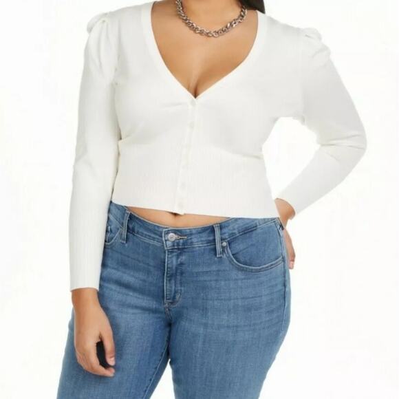 DANIELLE BERNSTEIN Puff‎ Sleeve Cropped Cardigan Ivory White Size 3X NEW - Picture 1 of 13